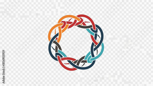 Interlocking colorful loops form a circular knot pattern.