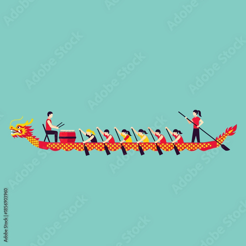 Dragon boat race with rowers, drummer, and steersperson.