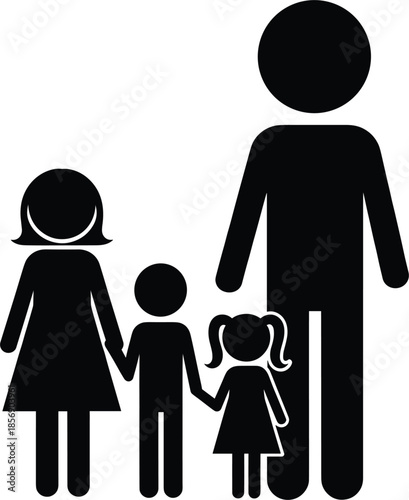 Black family silhouette icon with parents and children holding hands isolated on white background for community, parenting, and social relationship design.