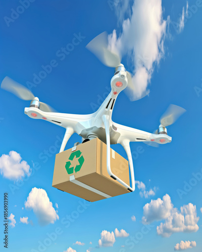 White quadcopter drone flying in blue sky carrying cardboard box with recycle symbol. Concept fast, eco-friendly delivery and modern logistics technology.