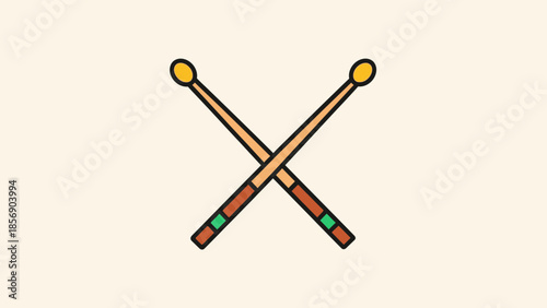 Two crossed drumsticks with yellow tips and brown and green accents.