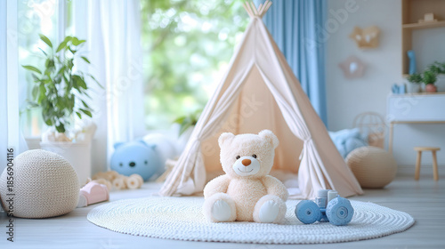 Cute teddy bear sitting on soft carpet in warmly lit children's bedroom with glowing fairy lights and play tent in the background, creating dreamy nighttime atmosphere.