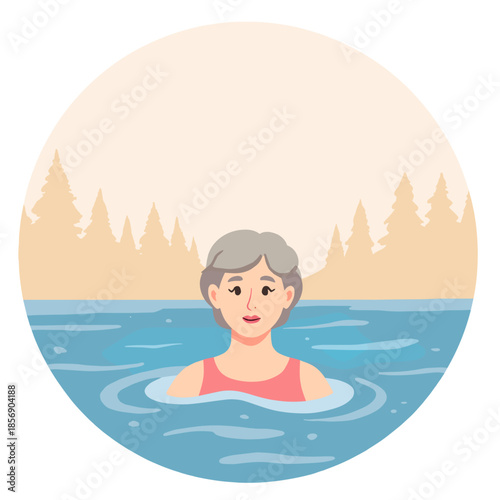 elderly woman swimming outdoors. Senior lady relaxing in natural water. Retired woman enjoying outdoor swimming. Mature swimmer spending time in nature. Elderly set