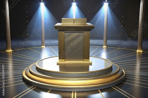 Golden award podium on circular stage with spotlights shining down
