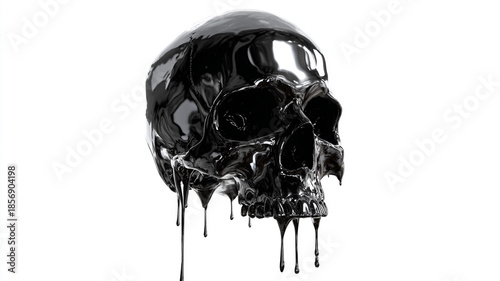 Partially melting black skull with liquid dripping, isolated on white, 169