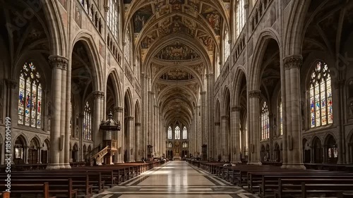 Stunning Cathedral Interior Architectural Marvel with Arches and Light.