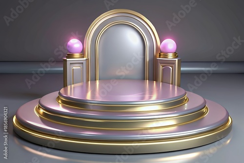 Luxurious gold and purple stage with glowing orbs for presentations