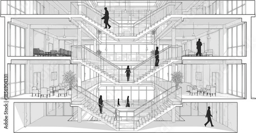 Architectural sketch of a multi level building with stairs and people