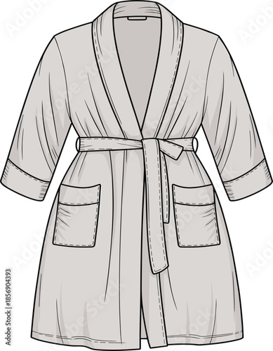 Light grey cotton bathrobe for women, comfortable long sleeve morning gown with belt and pockets