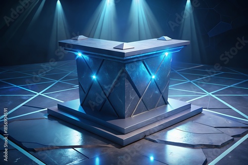 Modern blue podium with lights on stage for presentations