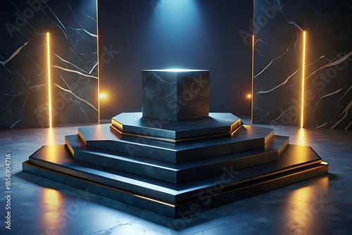 Modern dark gray podium with glowing lights in sleek room