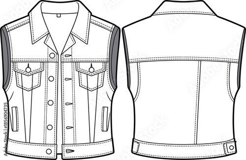 Mens casual denim vest waistcoat vector, white sleeveless jean jacket technical sketch front and back view