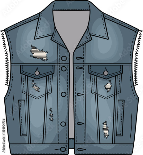 Mens blue distressed denim vest, casual sleeveless jean jacket with ripped details and pockets vector