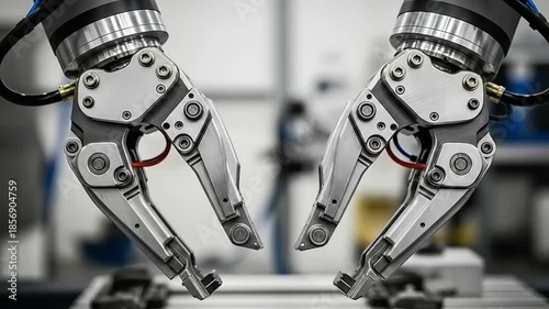 Two Robotic Arms Interacting in a Modern Industrial Setting.