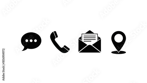 Simple black icons representing communication and location on a white background
