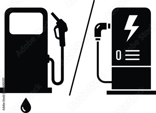 Gasoline fuel pump and electric vehicle charging station station vector icon set isolated on white background for energy and transportation concept.