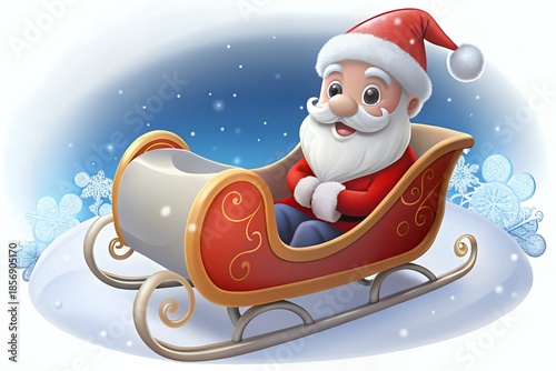 Santa Claus riding in a magical sleigh through snowy night sky