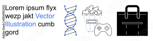 Science, entertainment, gaming, leisure, business, innovation. A DNA helix, popcorn game controller and briefcase in a clean layout. s science and entertainment concepts