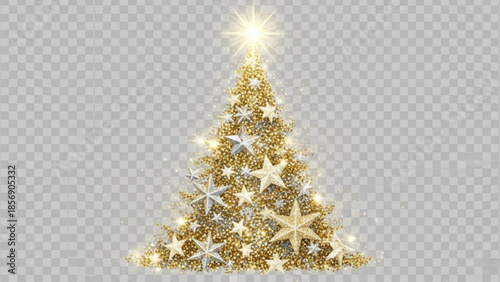 Golden christmas tree decorated with stars and lights for holiday greeting cards and festive designs