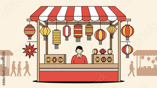 Stall with lanterns and a vendor, people browsing nearby.