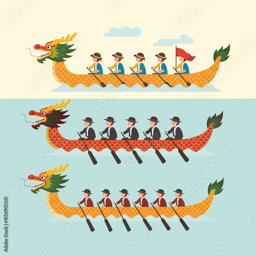 Dragon boats with teams of rowers race on water.