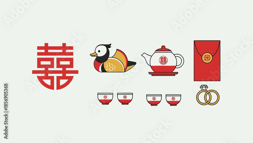 Chinese wedding symbols include a double happiness character, mandarin duck, teapot, cups, and rings.