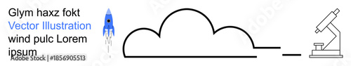Cloud computing, space exploration, data analytics, innovation, research, science. Single-line cloud with a rocket and microscope. Cloud computing and space exploration in a scientific context