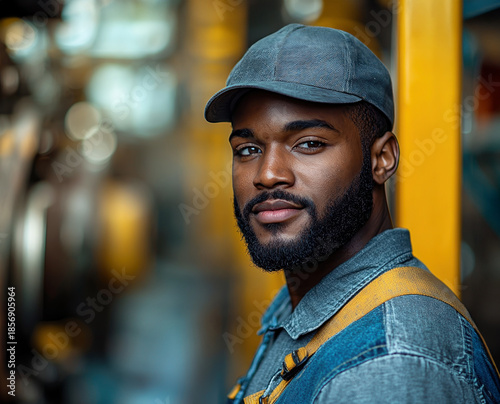 Close-up male industrial worker in cap and harness, standing confidently in front of industrial machinery yellow background, representing modern factory life.