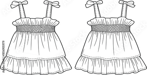 Baby girl tiered sun top with bow straps, infant ruffled camisole blouse technical fashion sketch vector