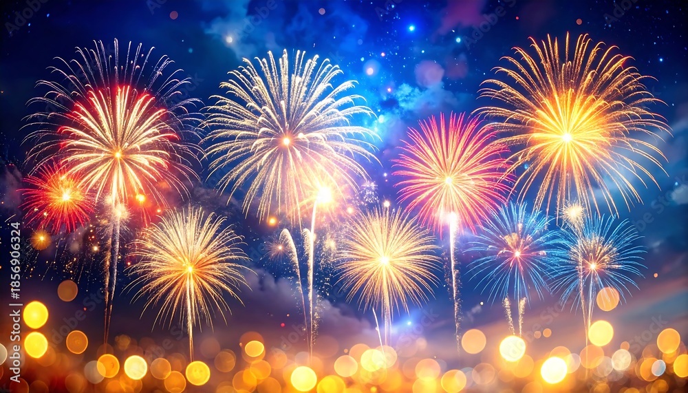 Fototapeta premium Colorful fireworks celebration with bokeh lights