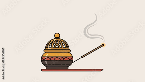 Incense burner with burning incense stick and smoke.