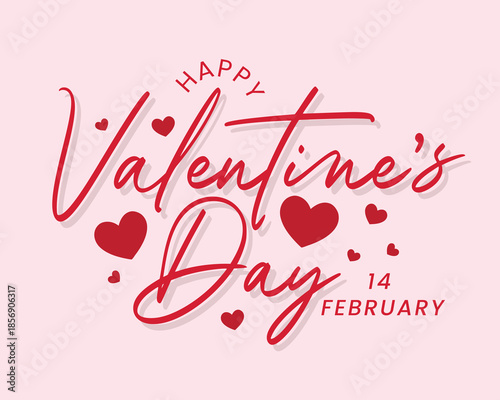 Happy Valentine's Day typography greeting card with hearts vector illustration on pink background. Valentine's day banner, poster, wallpaper, party, invitation card design. Cute love lettering