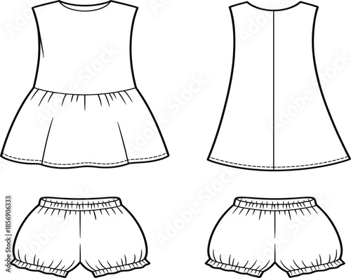 Baby girl sleeveless tunic and bloomer shorts set, infant summer outfit with ruffled diaper cover technical fashion sketch vector
