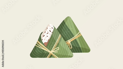 Two triangular rice dumplings wrapped in green leaves and tied with string.