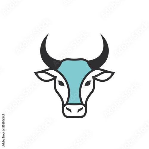 Stylized illustration of a bull's head with horns and blue forehead.