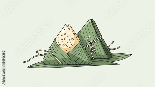 Two rice dumplings wrapped in green leaves tied with string.