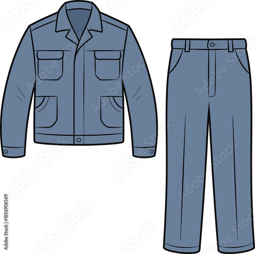Men's blue workwear set vector, chore jacket with utility pockets and matching straight leg trousers fashion sketch