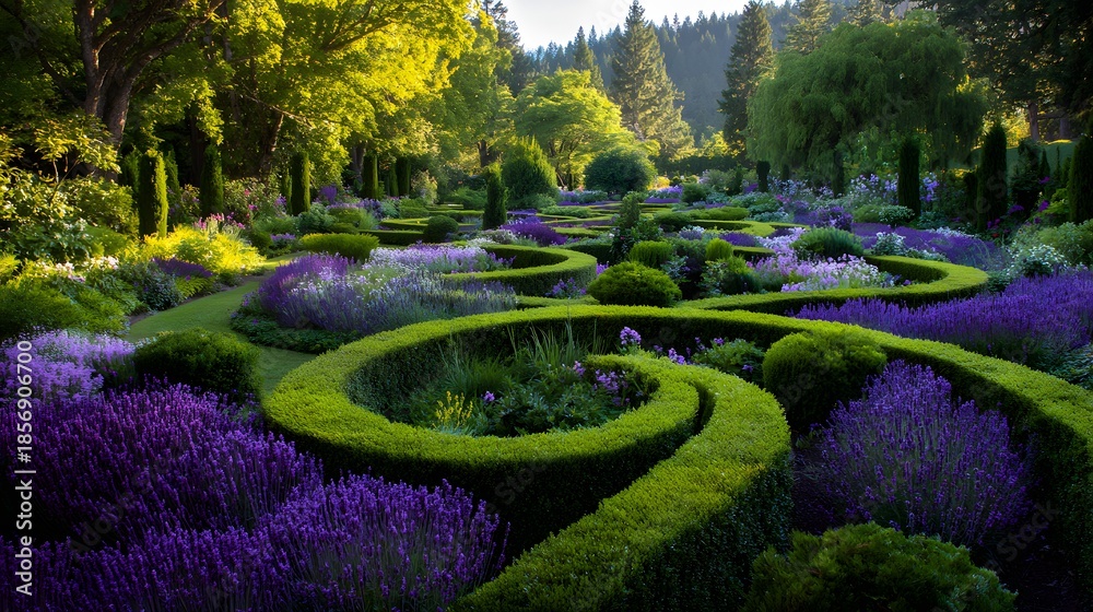 Obraz premium Serene Garden Landscape with Lush Green Hedges and Purple Lavender Blooms.