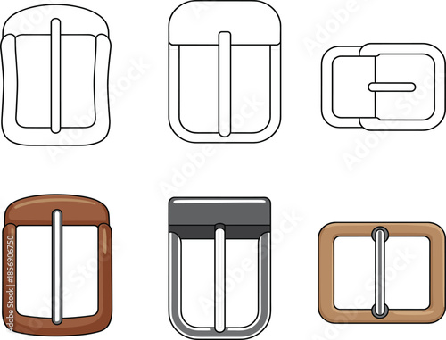 Metal belt buckle set vector, variety of classic and modern buckle designs for leather belts