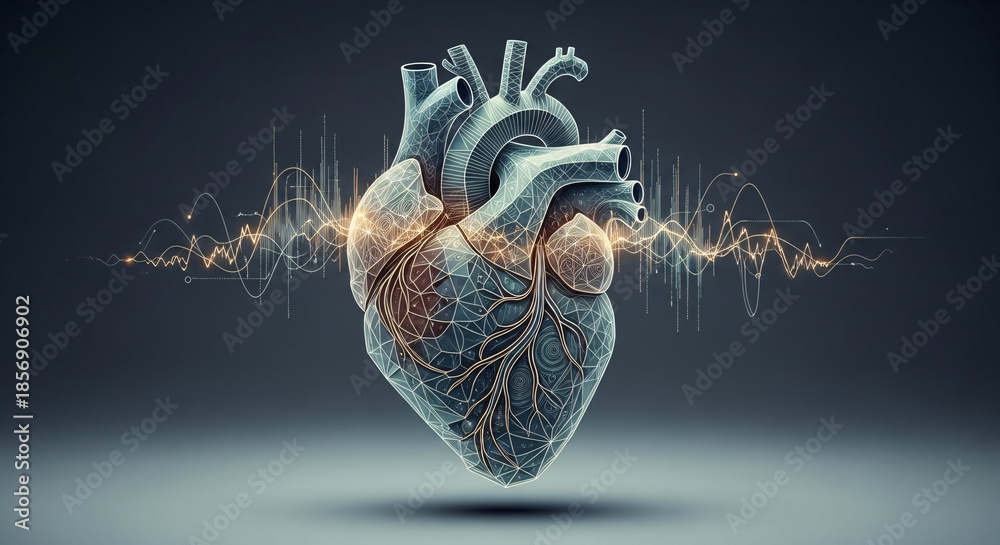 Obraz premium Anatomical heart illustration with electronic waveform on dark background
