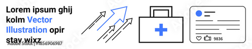 Healthcare, online medical platforms, social media, digital marketing, technology growth, audience engagement. Medical bag, arrows and profile card image. Healthcare and online medical concepts