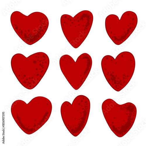 Set of red Valentine spotted hearts on white background. Vector isolated illustration