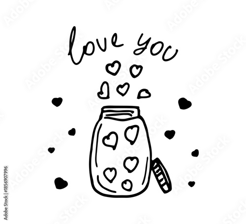 Illustration of an open glass jar filled with hearts and the inscription I love you. Hand-drawn drawings for creating a Valentine's Day greeting card, a romantic message, and donations.