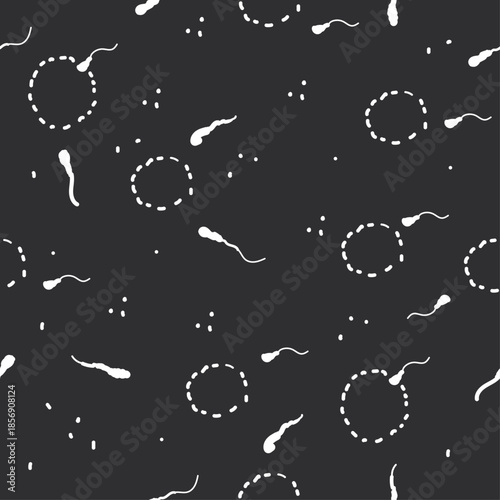 Seamless Pattern with Hand Drawn White Sperm Cells and Dotted Circles on Dark Charcoal Grey Background