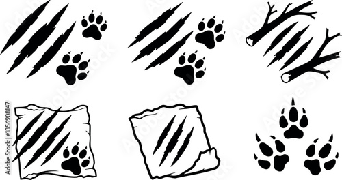 Animal claw marks and paw prints vector set for wildlife and nature design elements
