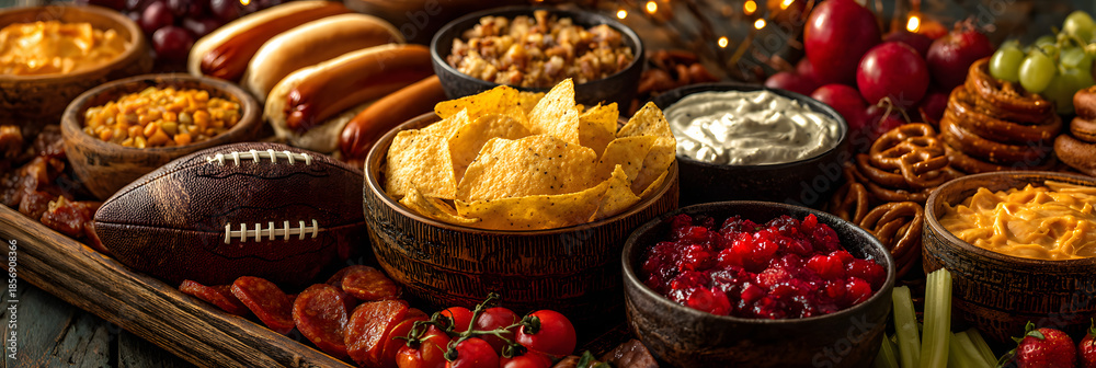 Obraz premium Authentic National Tailgating Day Snacks Spread with Football Decor, Premium Fall Harvest Festivity for Millennial Game Day Marketing and Social Media Campaigns