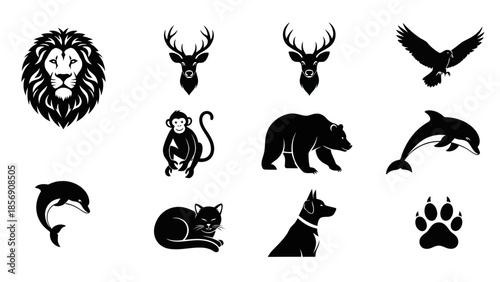 Collection of high-quality animal silhouettes for logos, emblems, and graphic design projects, featuring diverse wildlife and pets in a striking black and white style