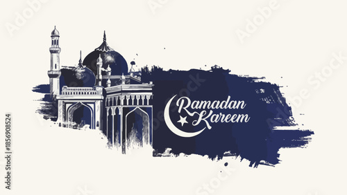 Ramadan Kareem Celebration with Mosque Illustration and Crescent Moon