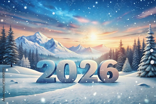 Winter wonderland scene with 2026 text in snowy landscape