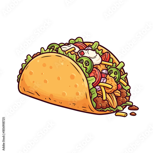 A colorful cartoon illustration of a delicious, generously filled hard-shell taco with fresh ingredients.
